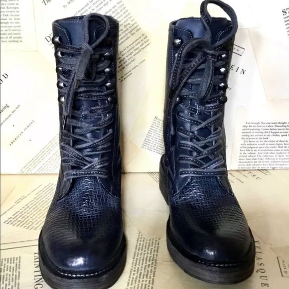 Free People Combat Boot Black Embossed Lace Up Zip Back - Picture 6 of 7